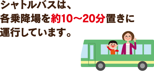 シャトルバスは、各乗降場を約10～20分おきに運行しています。